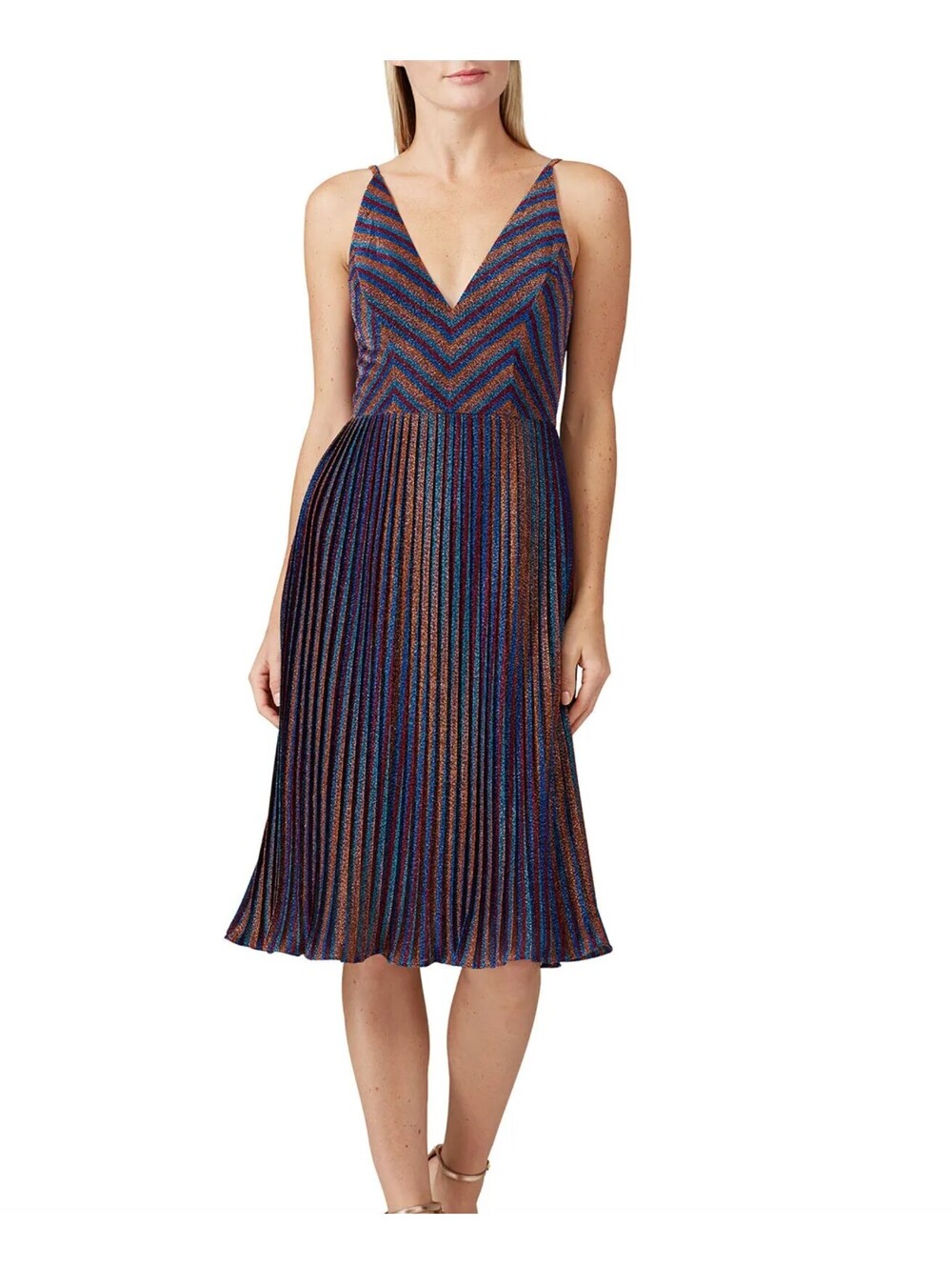 Dress the Population Hayley Metallic Rainbow Stripe Midi Dress XXS NWT Plunge